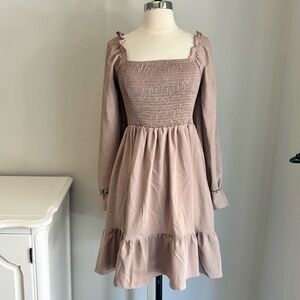 Square Neck Shirred Ruched Bodice Flounce Sleeve Ruffle Hem Dress in Khaki, Med